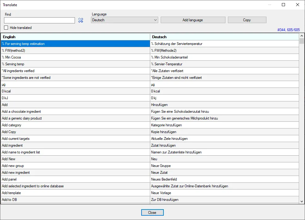 Screenshot: Language translation support