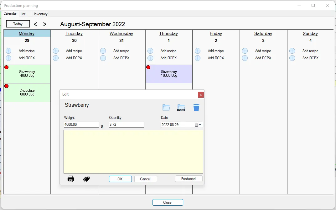 Screenshot: Production planning