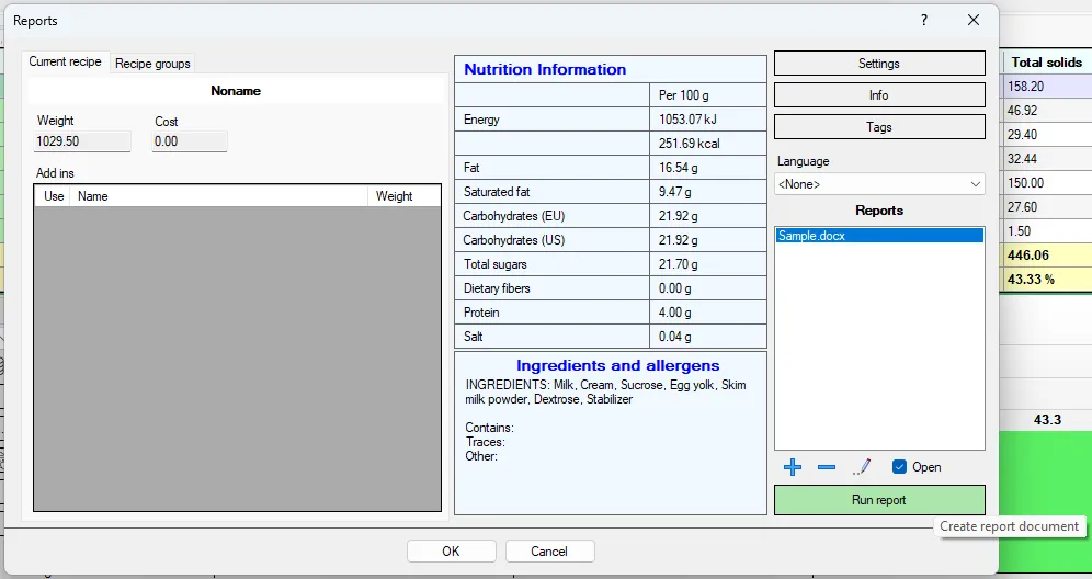 Screenshot: Reports Dialog