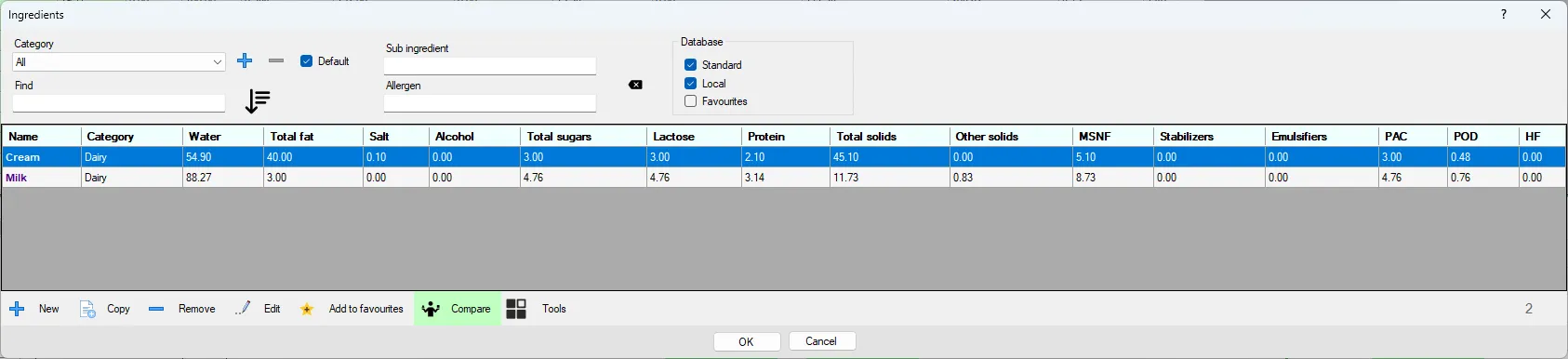 Screenshot: Ingredient Database Dialog