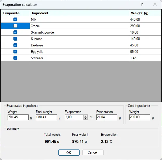 Screenshot: Evaporation dialog