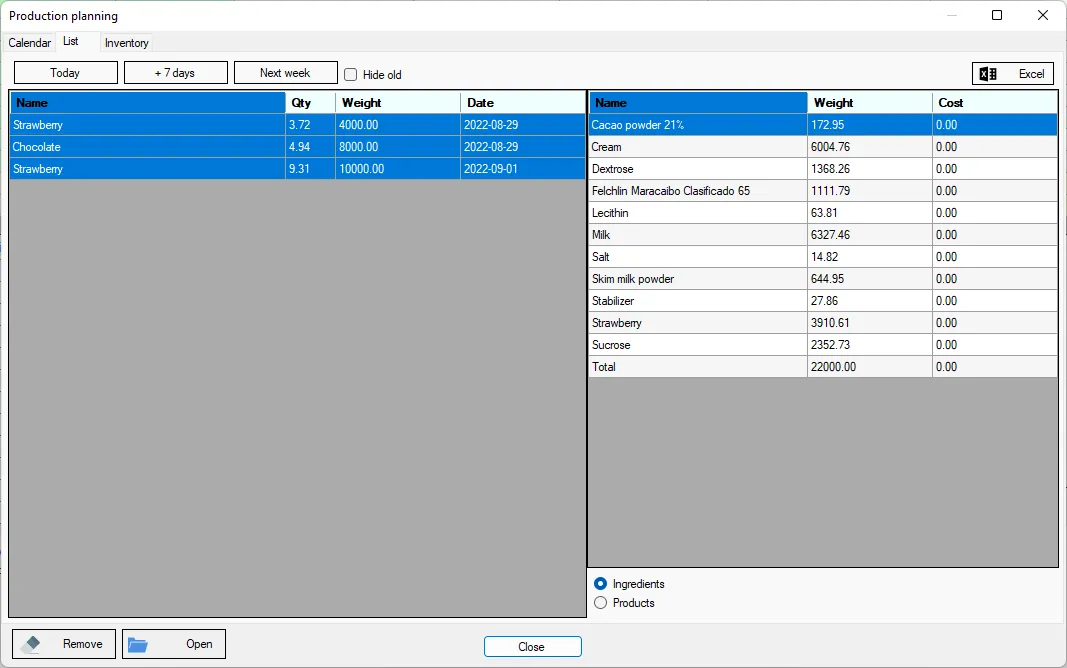 Screenshot: Production planning