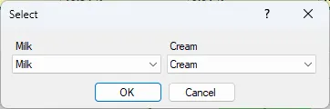 Screenshot: Select Milk Cream Dialog