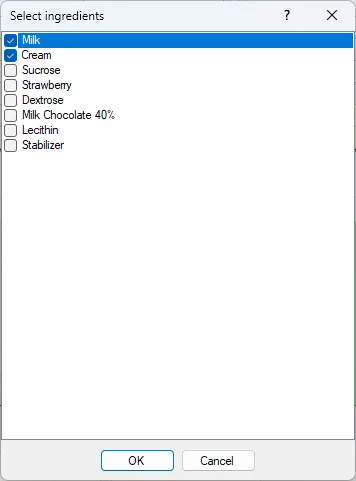 Screenshot: Select Ingredients Dialog