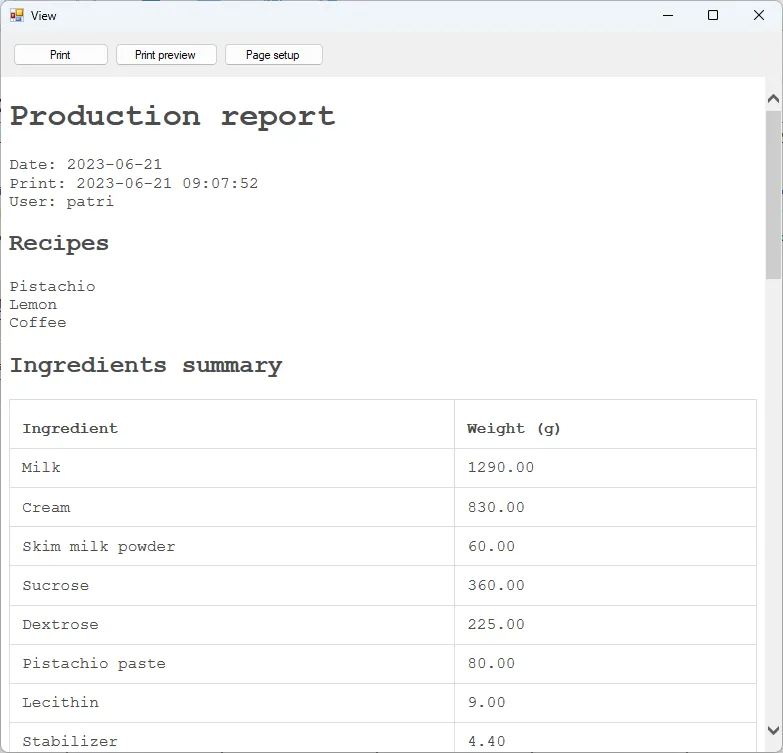 Screenshot: Production Planning Dialog