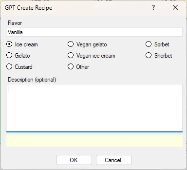Screenshot: GPT Create Recipe Dialog