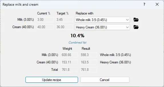 Screenshot: Replace Milk And Cream Dialog