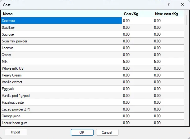 Screenshot: Cost Dialog