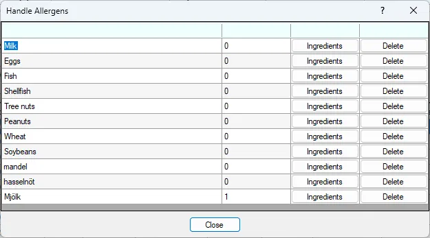 Screenshot: Handle Ingredients Allergens Dialog