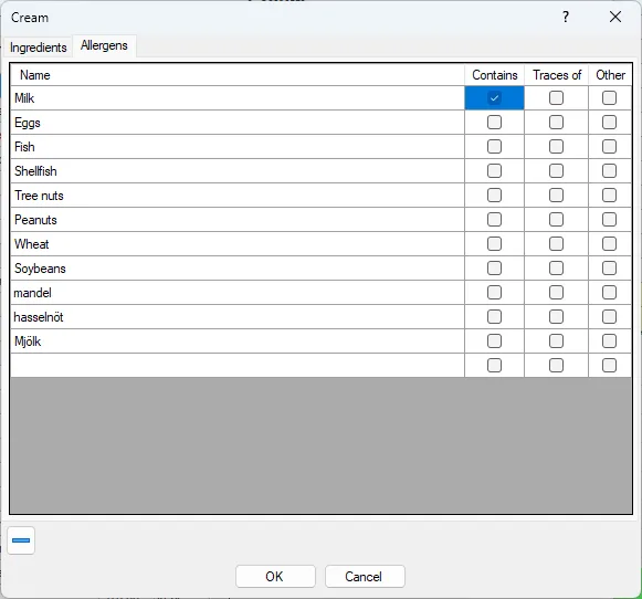 Screenshot: Ingredient Allergens Dialog