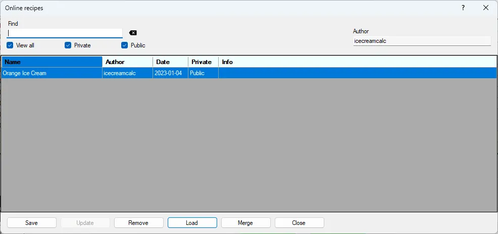 Screenshot: Online Recipes Dialog