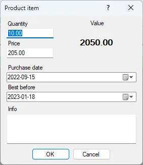 Screenshot: Product Item Dialog