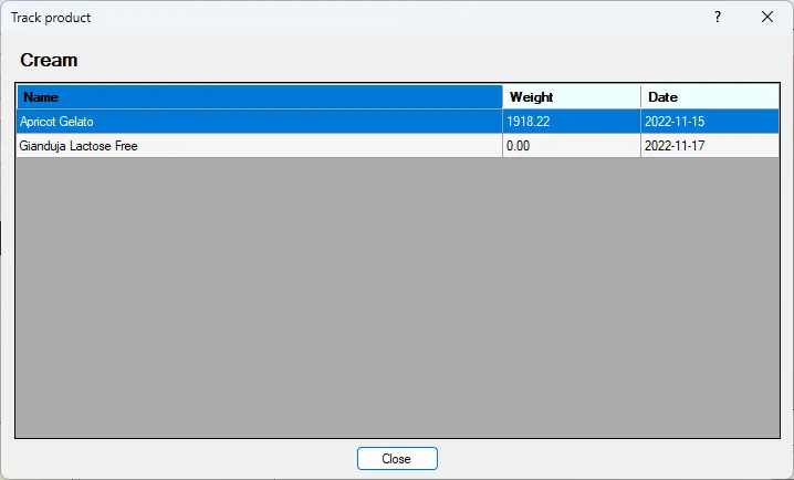 Screenshot: Track Product Dialog