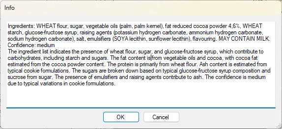 Screenshot: Food Data Central Dialog