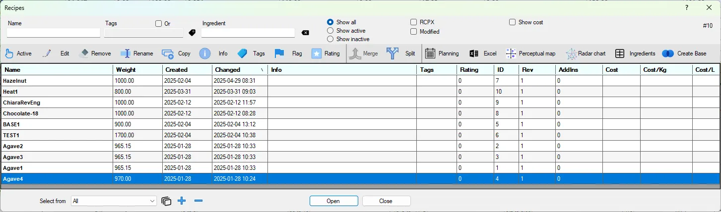 Screenshot: Recipes Dialog