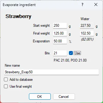 Screenshot: Evaporate Ingredient Dialog